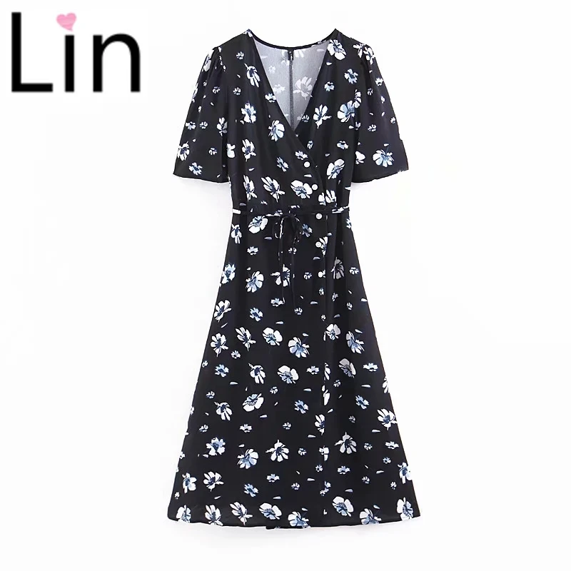 Женское винтажное платье миди Lin черное с запахом и цветочным принтом