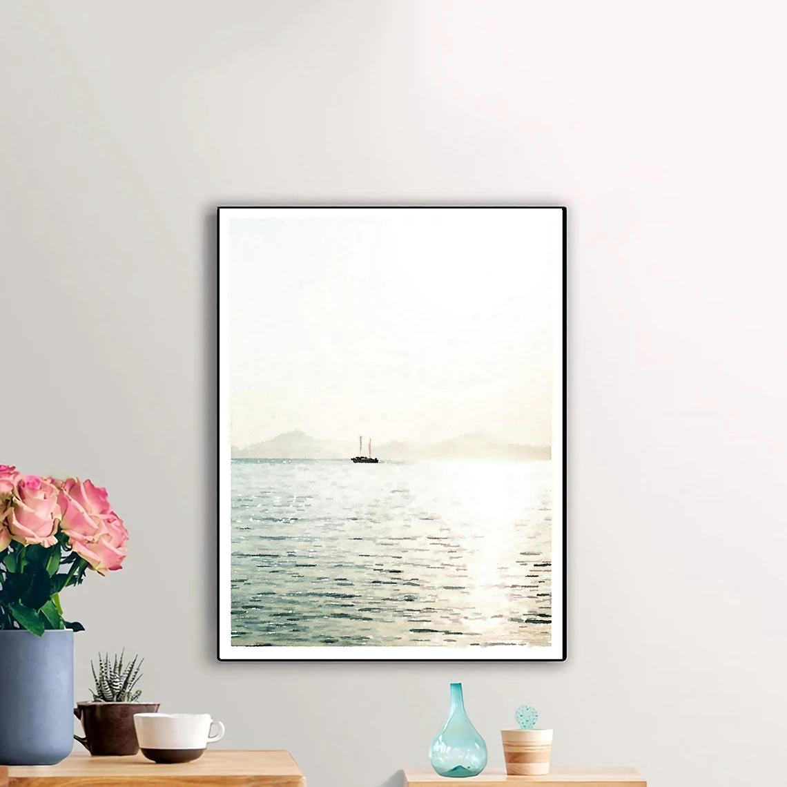 

Neutral Boat Seascape Watercolor Wall Art,Ocean Print Photography Serene Calm Spa Decor Art Poster Print
