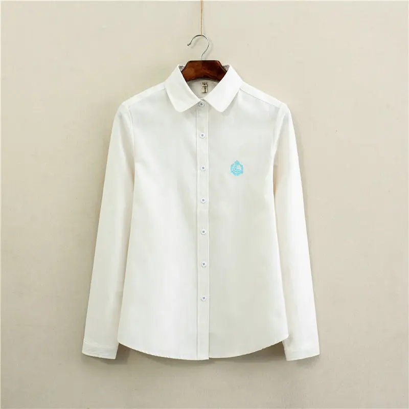 

Preppy Style Blue White Embroidery Cotton Shirt Women Spring Autumn Summer Long Sleeve Turn Down Collar Basic Top XL L M S Wear