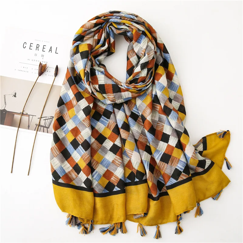 KYQIAO foulard femme желтый клетчатый шарф женский роскошный брендовый хиджаб осенний