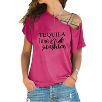 tequila lime sunshine letter print women t shirts long sleeve tee shirt femme female t shirt women irregular skew cross tops