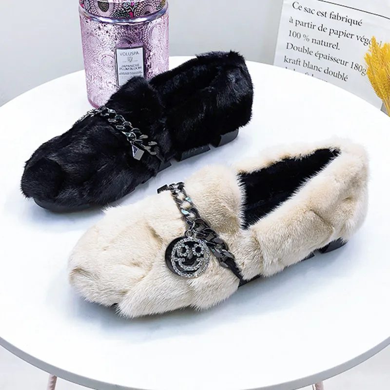 Женские зимние балетки из меха норки на плоской подошве без застежки