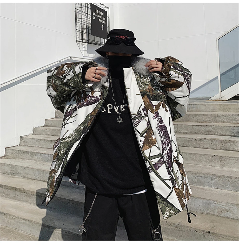Winter Hip Hop Parkas Men Camouflage Jackets Fur Collar Hooded Thick Windbreaker Coats Outwear Streetwear Plus Size HZ158