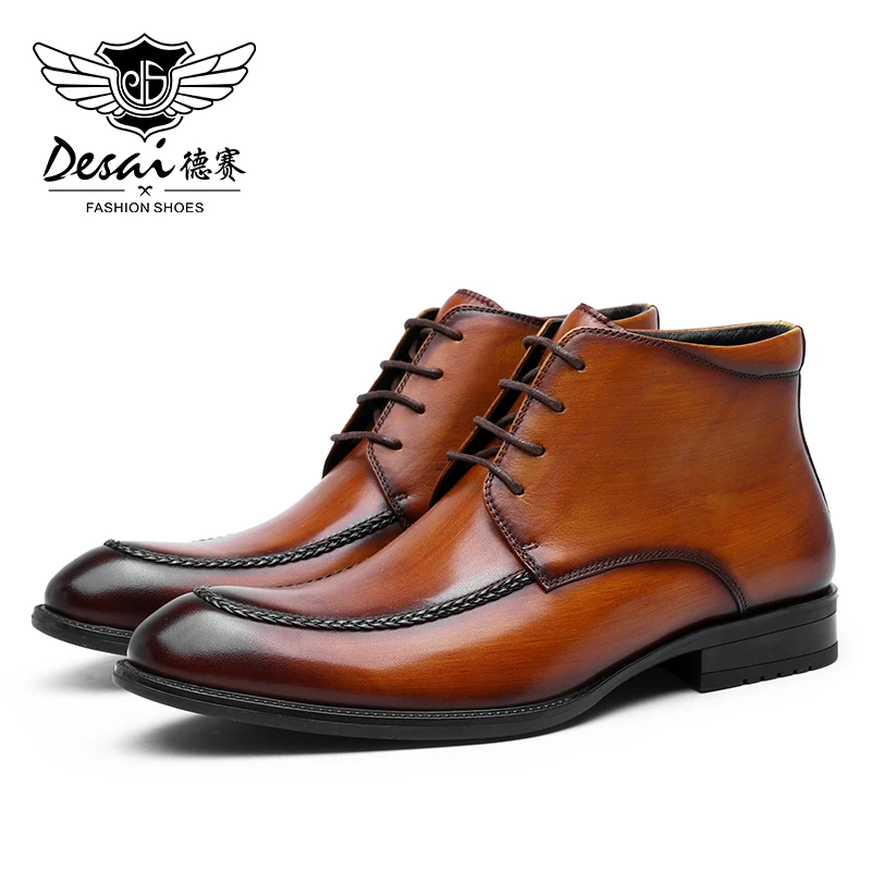 DESAI Men Lace Up Boots Genuine Leather Shoes Men For Winter Casual Footwear Office High Quality British Breathable Mens Boots