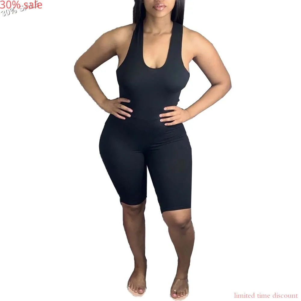 Женский спортивный костюм с открытой спиной черный комбинезон без рукавов V