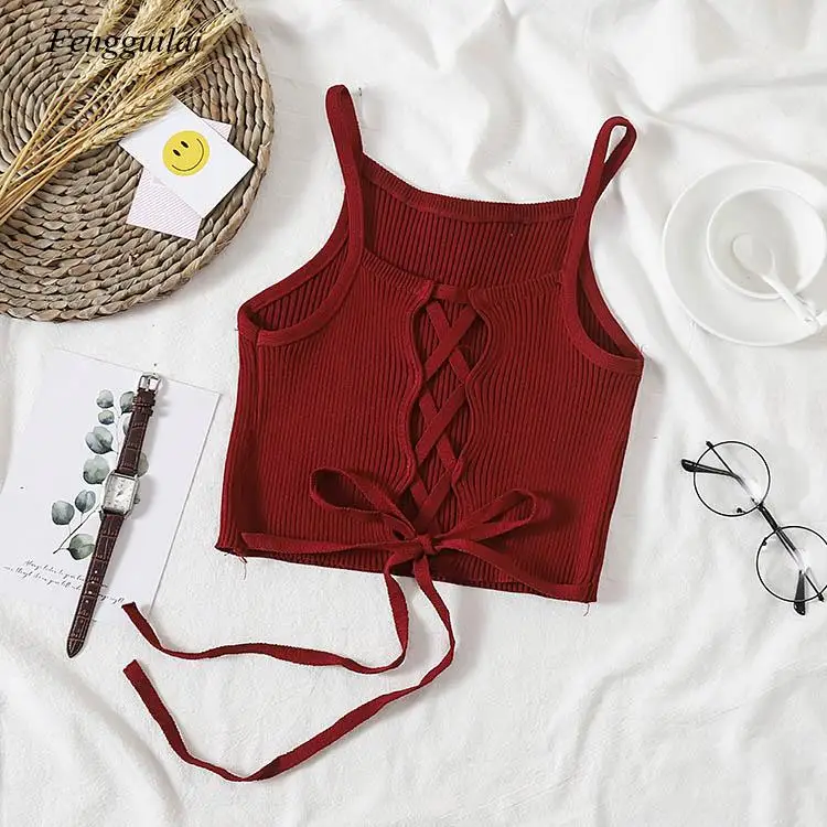 

Women Crop Top Knitted Bandage Tops Spaghetti Club Camis Halter Tank Top Female Bare Midriff Solid Camisole 2020 Summer