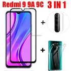 Чехол 3 в 1 + закаленное стекло для камеры для Xiaomi Redmi 9 9A 9C, Защитное стекло для экрана Xiaomi Redmi 9 9A 9C, 3D стекло