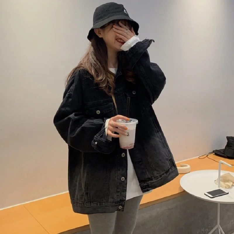 Куртка женская джинсовая в стиле Харадзюку однотонная Свободная Повседневная