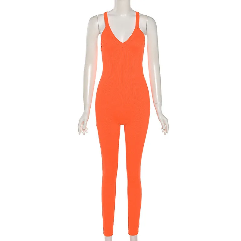

V-Neck Skinny Sexy Ribbed Jumpsuits Women Sleeveless Hollow Out High Street Backless Rompers Casual Fitness Sport Female Outfit