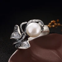 s990 pure silver leaf pearl korean style retro personality all match sterling silver open womens ring