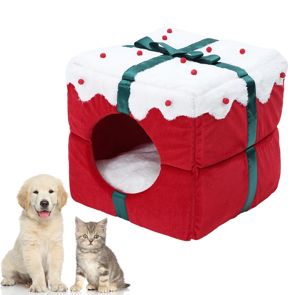 

Christmas Cat House Kennel Puppy Cushion Small Dogs Cats Nest Winter Warm Sleeping Pet Dog Bed Mat Supplies Christmas Gift Box