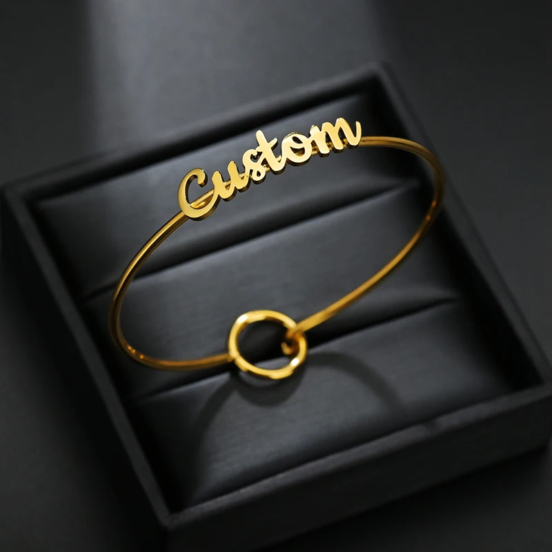 

Personalized Customized Name Cuff Bangle Stainless Steel Nameplate Bracelets Adjustable For Women Family Birthday Gifts Jewelry