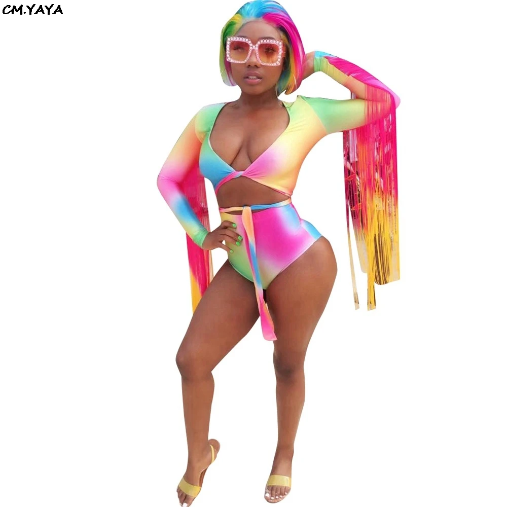 Женский пляжный пикантный комплект из топа и трусиков с длинным рукавом V