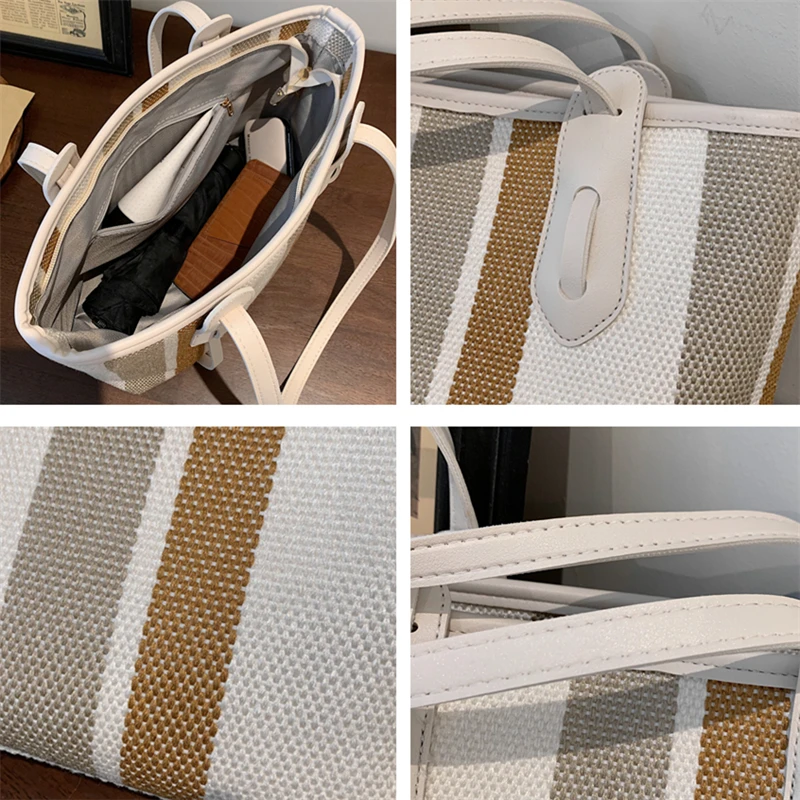 

Trendy Color Contrast Stripe Canvas Big Tote Bags For Women High Capacity Female Shopper Shoulder Bags Casual Travel Bags 2021