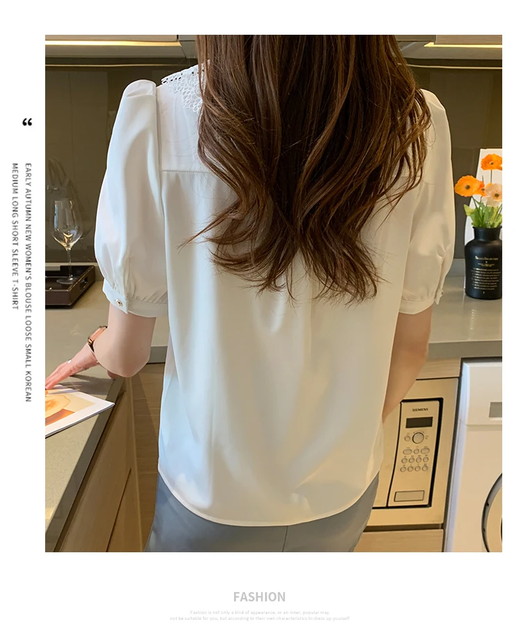 

Houthion New Silk Short-sleeved Women's Blouse Doll Collar Korean Tops Stitching Lace Comfortable Fashion Casual Shirt