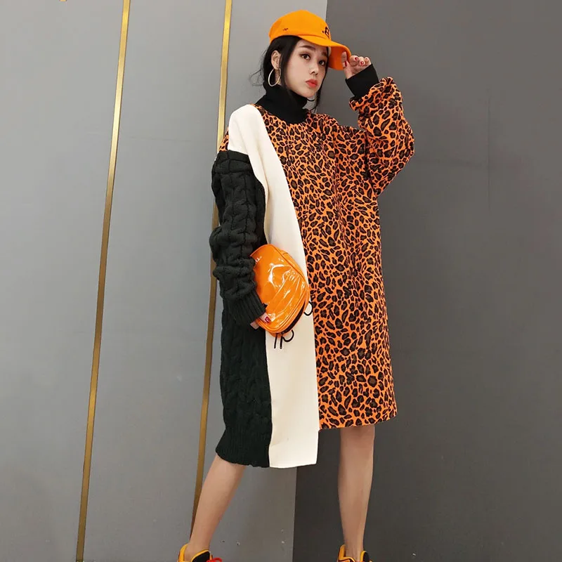 

2021Women Spring Fashion Long Knit Sweater Womens Korean Leopard Stitching Knitting Sweater Female Leisure Warm Pullover Sweater