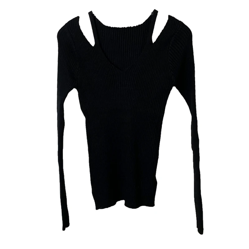 

2021 Spring New Women's Knitted Pullover V-Neck Off Shoulder Temperament Sexy Sweater Long Sleeve Solid Color
