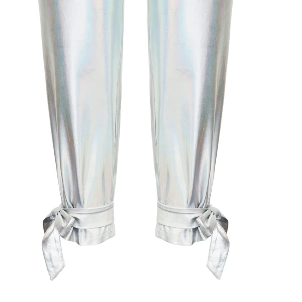 

Fashion Women Pants Shiny Metallic-Like Pants Ankle Length High Waist Skinny Leg Openings Pencil Pants Solid Color Lace-up Lady