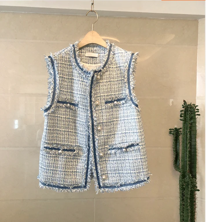 New Spring Fall Small Fragrance Women's Vest Jacket Pearl Button Elegant Tassel Tweed Coat Lady's Woolen Waistcoat | Женская