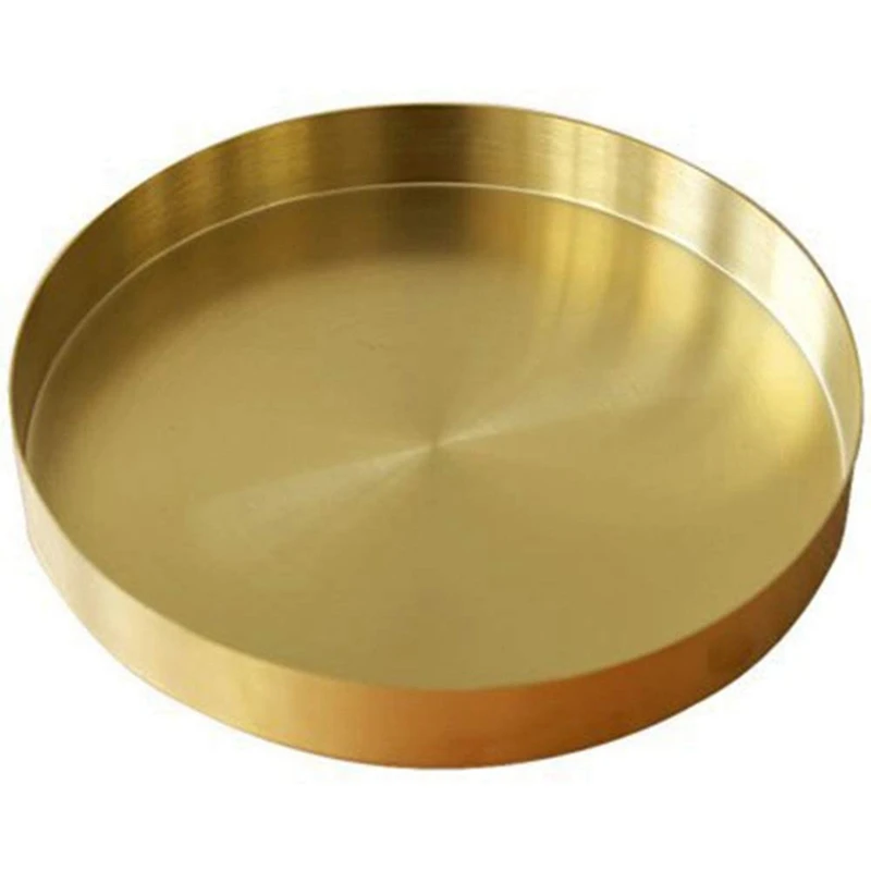 

2Pcs Round Gold Tray,Metal Decorative Tray Makeup Tray Organizer for Vanity,Matte Brass Finish, 4.9 Inch & 7.9 Inch