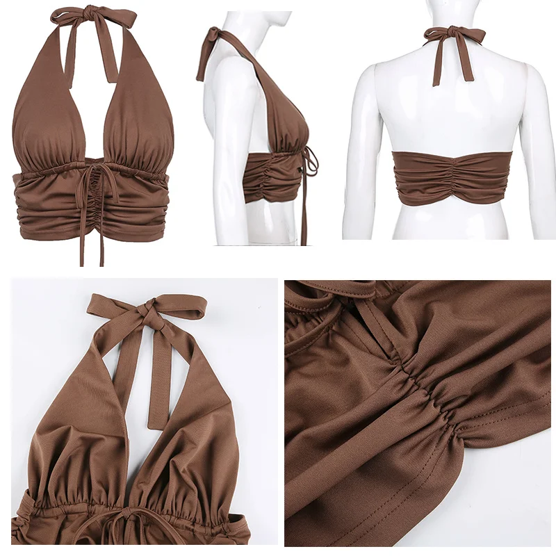

Brown Ruched Tie Up Crop Top Harajuku Tank Top Backless Halter Cute Tee Top Women Party Beach Sweat New