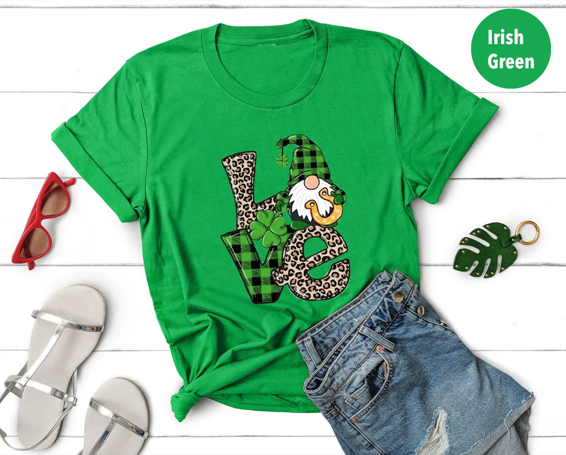 

2022 new cross border St. Patrick's day new clover dwarf solid print men's and women's loose Pullover short sleeve T-shirS-3XL