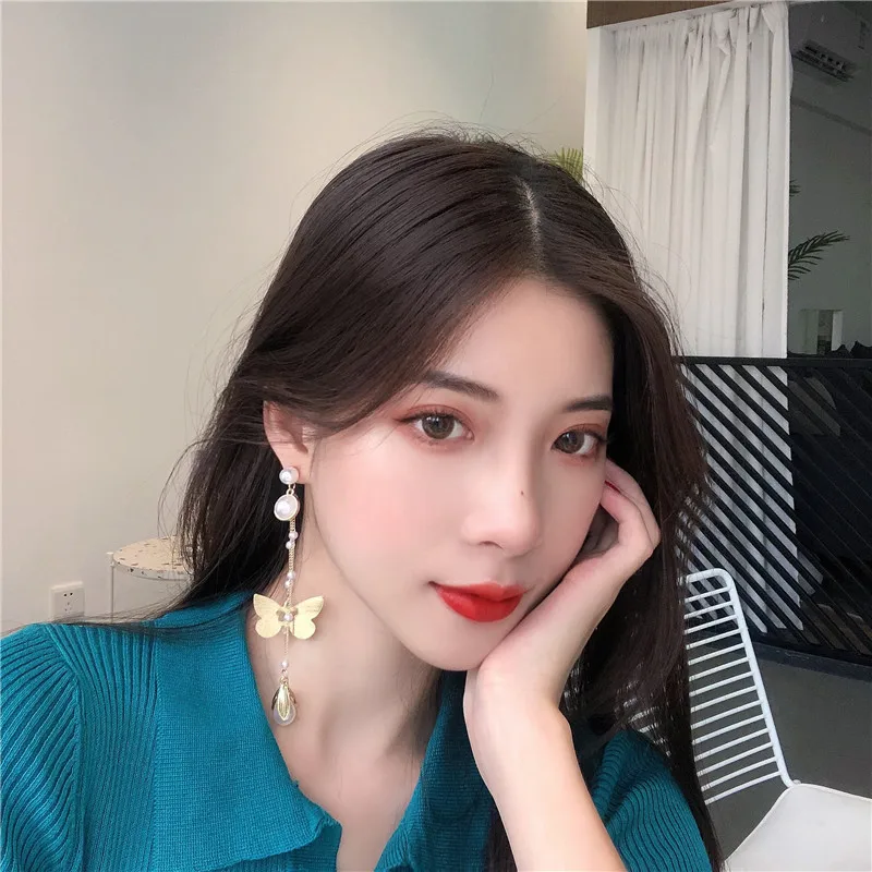 

YANGLIUJIA Senior South Korean Sense Light Luxury Metal Butterfly Earrings Long Pearl Tassel Earrings Female Jewelry Gifts