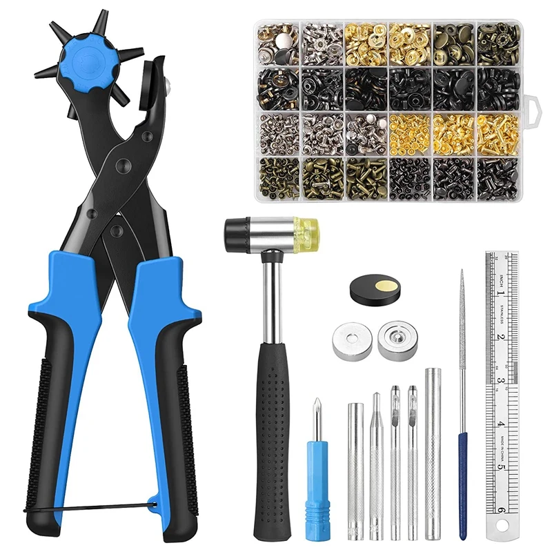 

Hole Punch Plier Set, Revolving Punch Hole Tool with 240Pcs Leather Double Cap Rivets and 120Pcs Leather Snap Fasteners