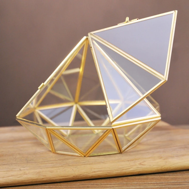 

1 Pc Handmade Gold Open Glass Geometric Terrarium Brass Diamond Succulent Fern Moss Plant Display Container Balcony Small Pla