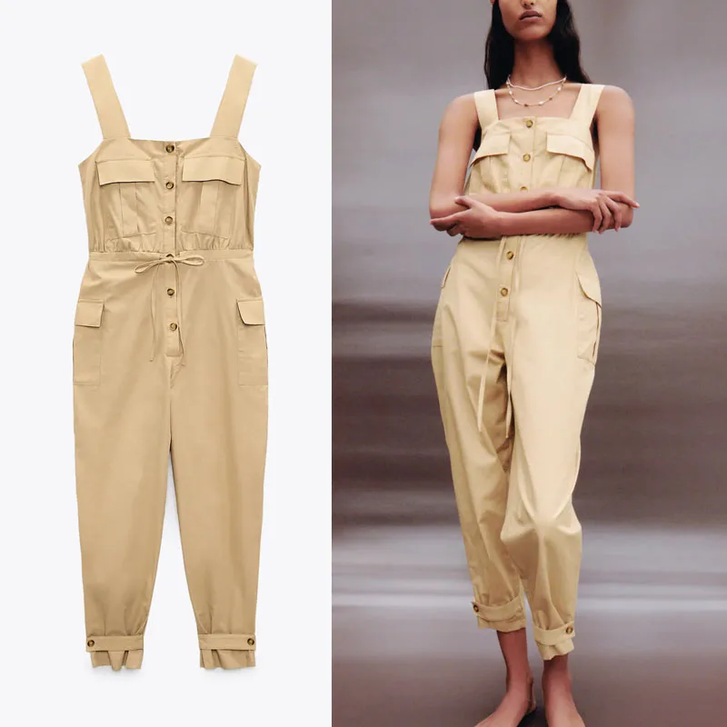 

Za 2021 Cargo Summer Jumpsuit Women Sleeveless Wide Straps Adjustable Drawstring Vintage Playsuits Woman Elastic Jumpsuits