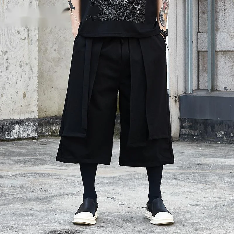 

Men's Wear Patchwork Design Black Wide Leg Pants For Male 2021 Autumn New Elastic Waist Casual Calf-Length Pants