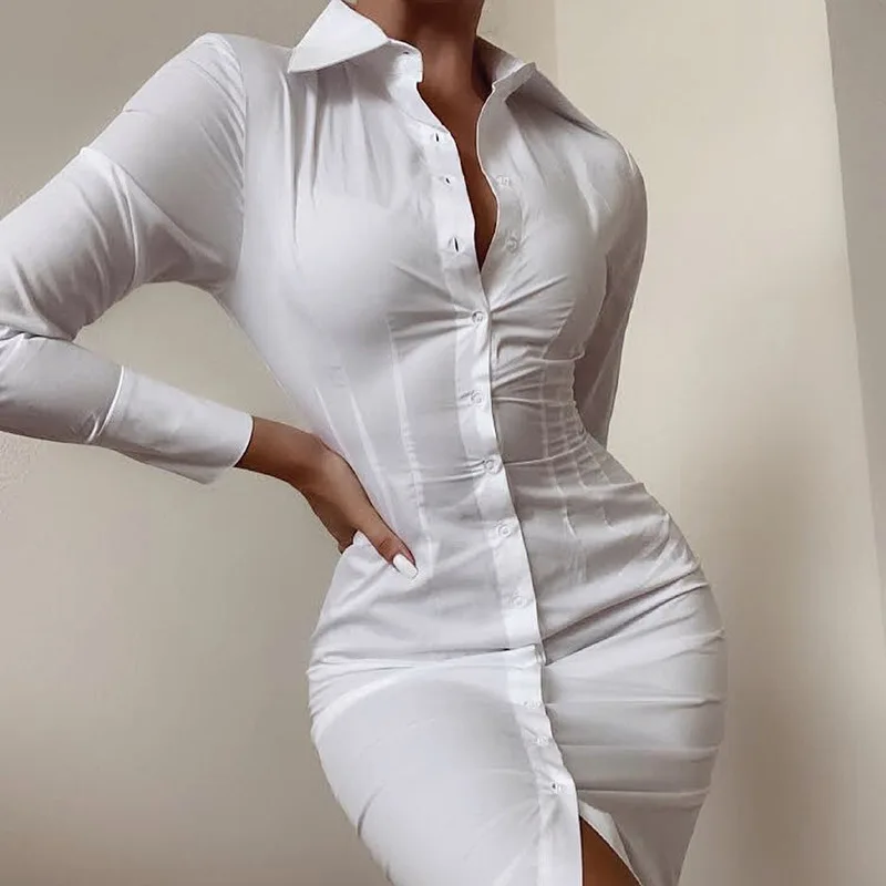 

White Turn-Down Collar Single Breasted Blouse Dress Women Sexy Long Sleeve One-Piece Midi Shirt Dress Streetwear