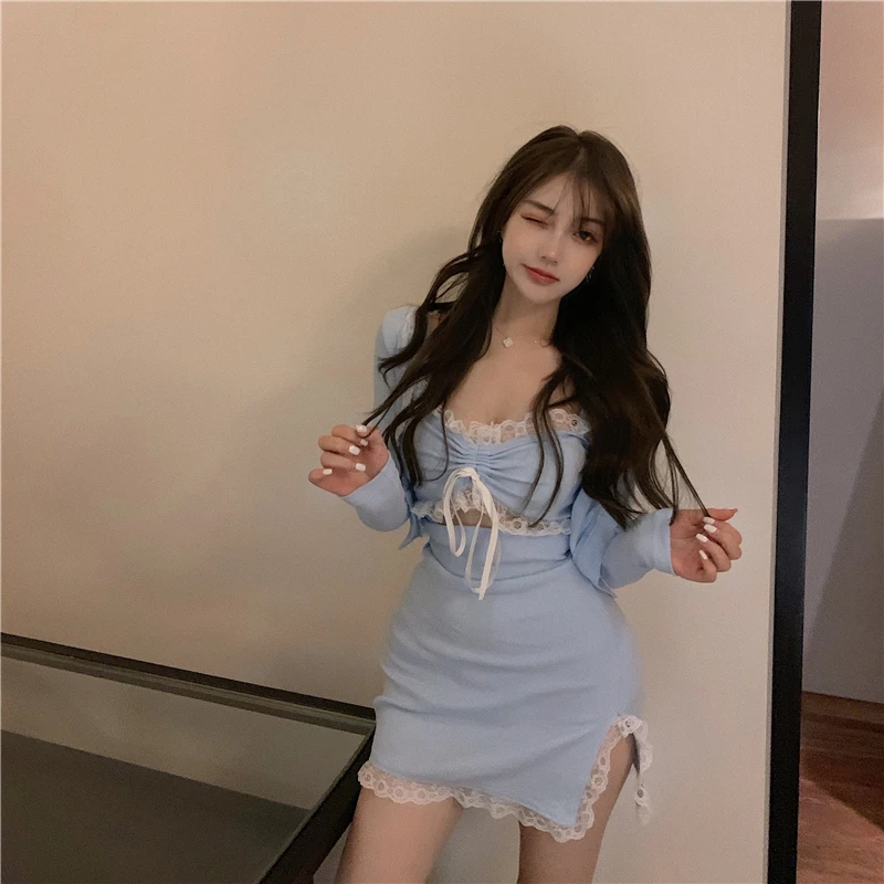 

Korean Fashion Sexy Outfit V-Neck Bow Slim Mini High Waist Sling Dresses Full Sleeve Lace Shirt Cosplay Casual Two-piece Suit
