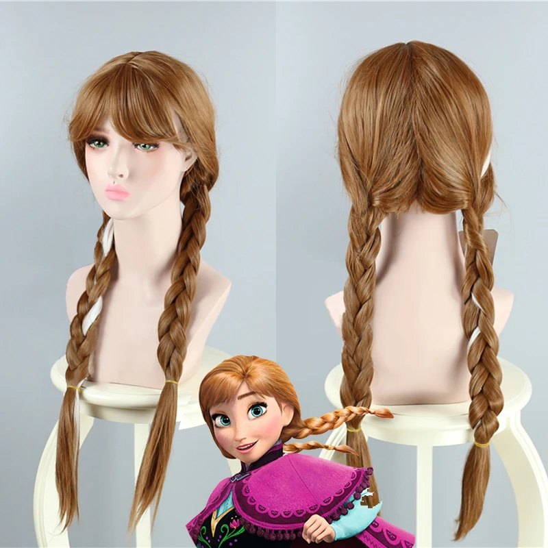 

Movie Frozen Anna Aladdin's Goddess Jasmine Brown Double Braid Cosplay Costumes Wig Halloween Party Hairwear+Wig Cap