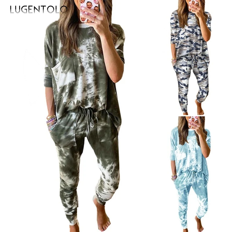 

Lugentolo Two Piece Set Women Autumn Tie Dyed Casual Suit Long Sleeve O-neck Top Long Pants Home Clothes Two-piece Sets