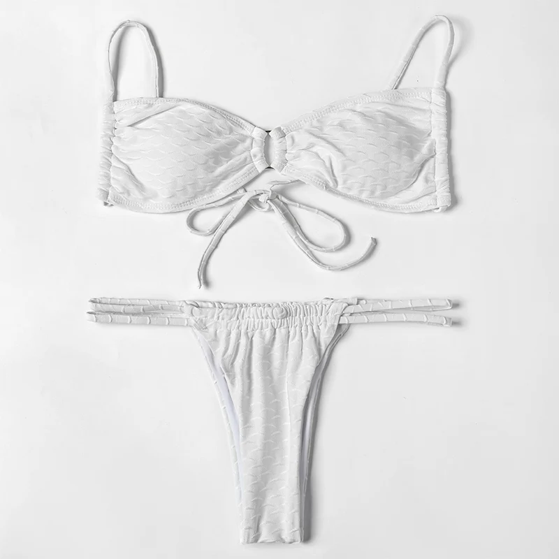 

Zrtak Solid Bikinis 2021 Woman Swimsuits Ripple String Swimwear Women White Bathing Suit Bandage Thong Hollow Out Ring Beachwear