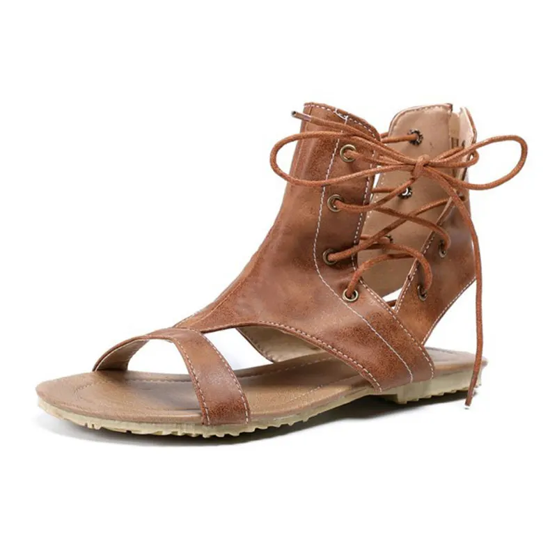 

Women Flat Ankle Sandals 2021 Summer Ladies Cross-tied Casual Shoes Female Open Toe Beach Sandal Black Brown Gray Plus Big 43