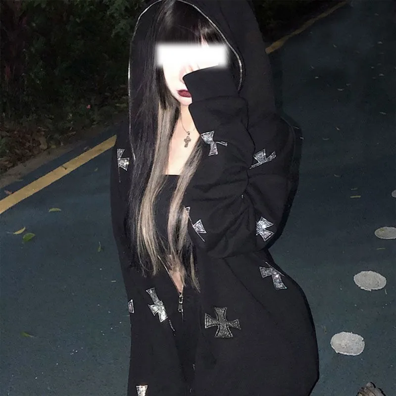 

Women Hip Hop Joggers Sweatshirt Korean Unisex Punk Sport Coat Jackets Rhinestone Gothic Long Sleeve Zip Hoodie Y2k Jacket Men