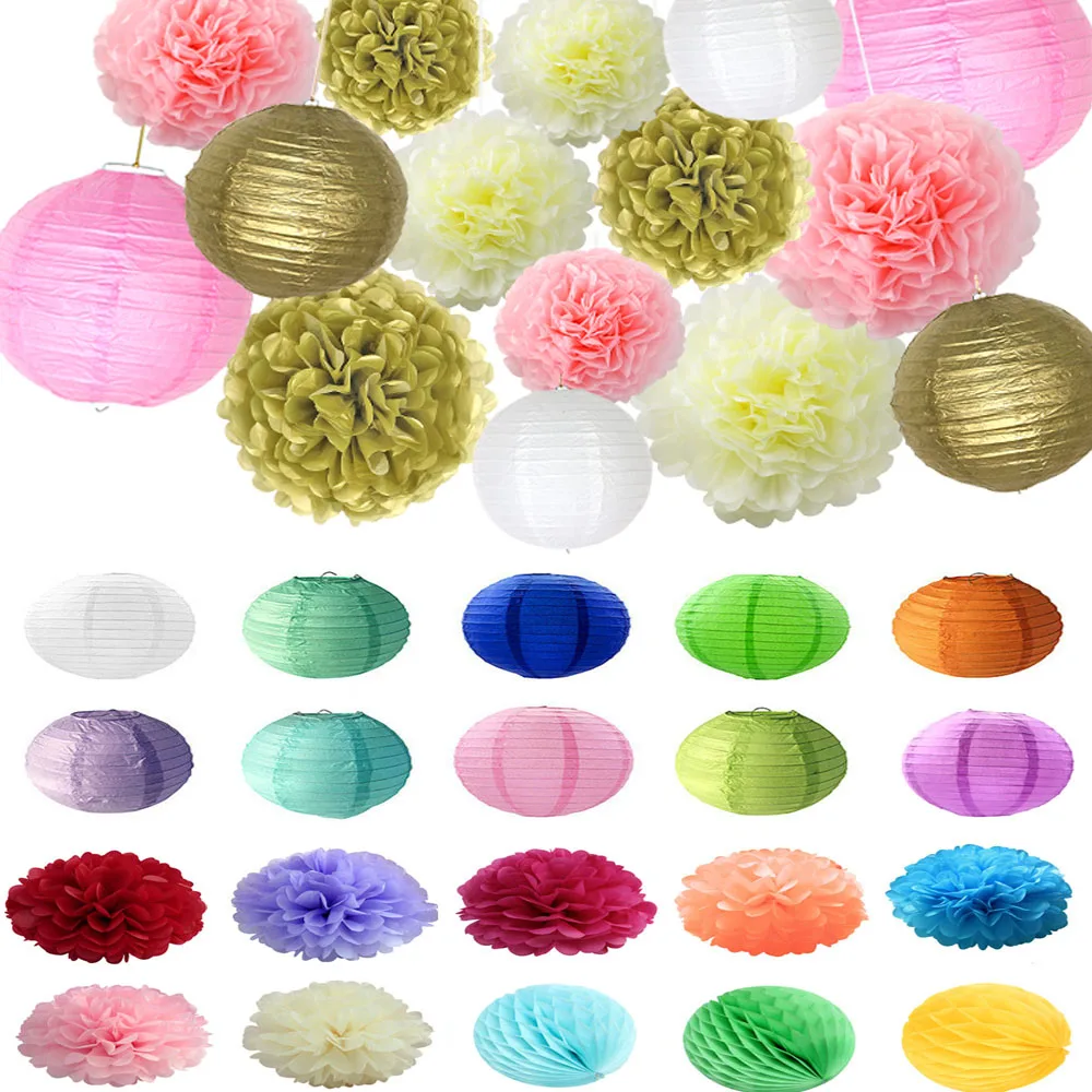 4/6/8/10/12/14/16 дюймов Декоративные Бумага Pom poms подвесной бумажный фонарик шары диаметром украшение на свадьбу День рождения Детская праздничная одежда; расходные материалы