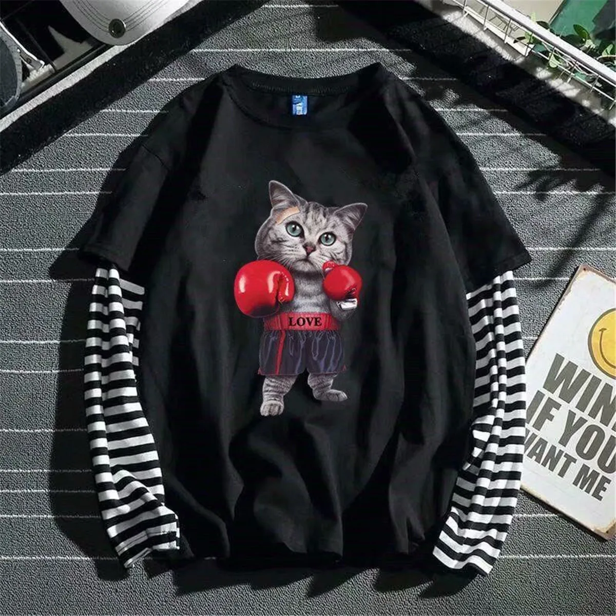 Крутая полосатая футболка в стиле пэчворк мужские осенние Топы оверсайз