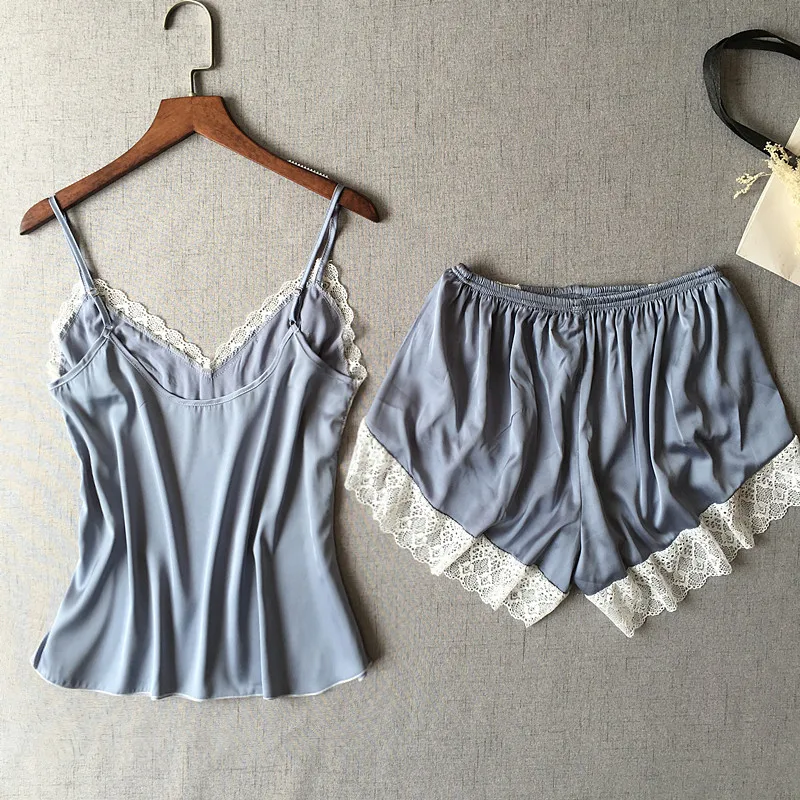 

Ladies Sexy Summer Lace Suspender Shorts Pajamas Suit Home Service Ice V-neck Silk Soft Smooth And Breathable Home