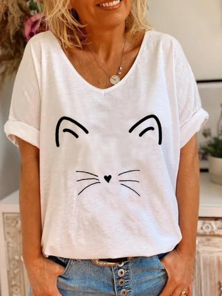 

Top NEW T-shirt women's fashion casual short-sleeved V-neck cat print casual shirt T-shirt 2020