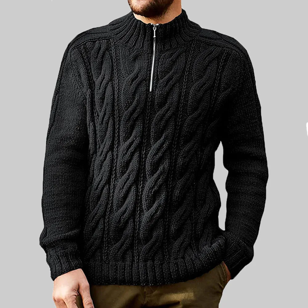 2021 New Men Knitted Sweater Solid Color Western Style Autumn Winter Half High Collar Zipper  Long Sleeve Casual Fashion