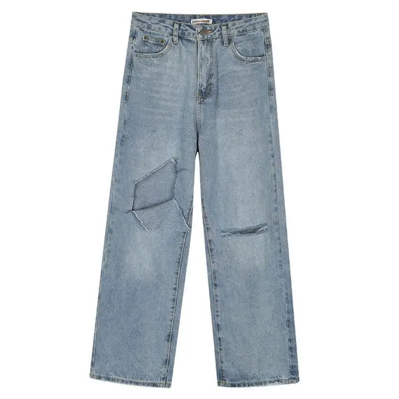 

Jeans Women Baggy Denim Trousers Spring Solid Simple Holes Vintage Retro All-match Korean Style Fashion Loose High Waist Chic
