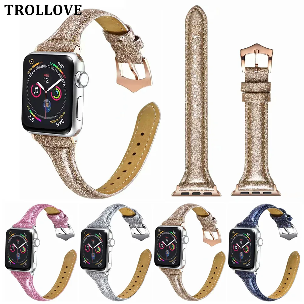 Ремешок кожаный для Apple Watch 4 3 2 1 38 мм 42 спортивный блестящий тонкий браслет Iwatch Series