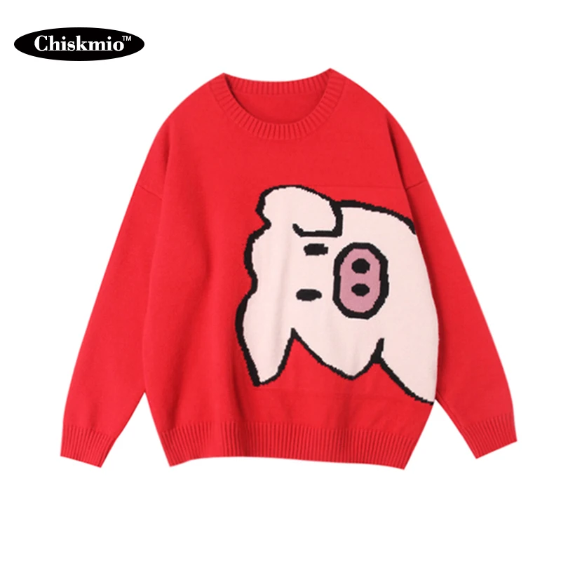 

Red Knitted Pullover Sweater Women Clothes Winter Cartoon Pig Pattern Loose Jumper Thick Warm Knitwear Harajuku Sweaters Female