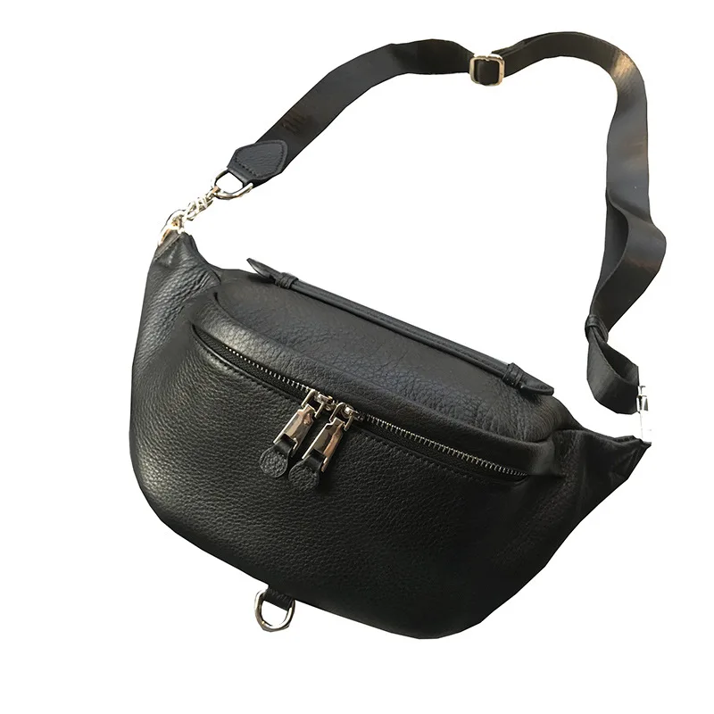 

Women's Waist Pack Cowhide Black Luxury Female Genuine Leather Travel Money Phone Crossbody Chest Bag Zipper Belt Bags