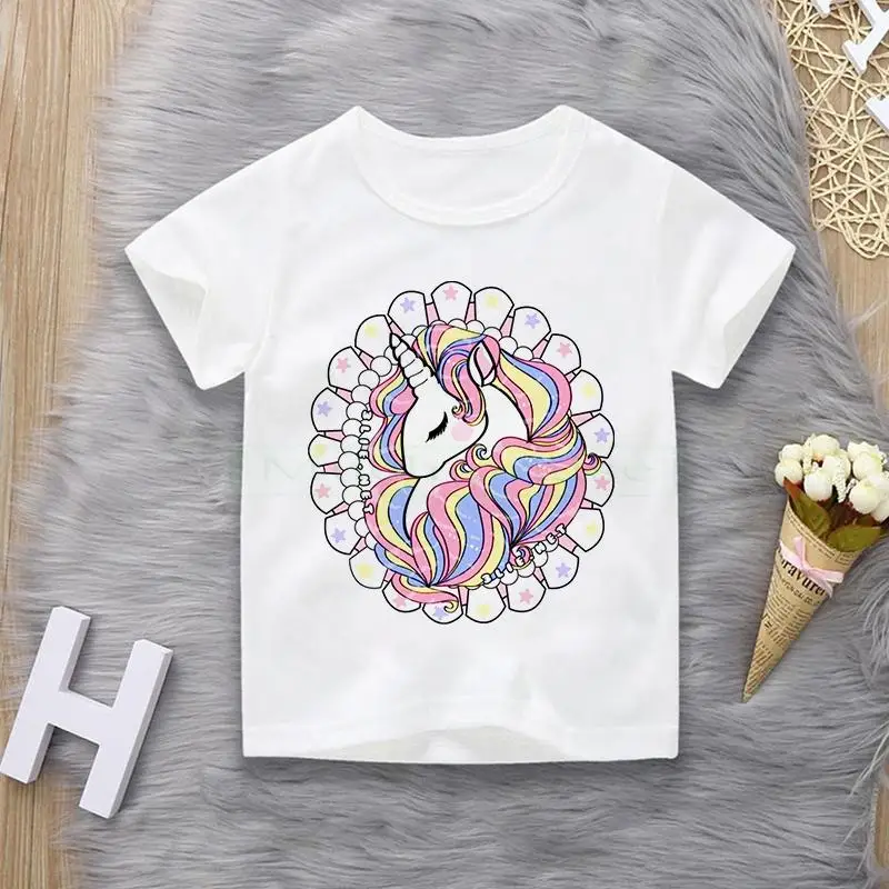 

New Arrival T Shirt Girl Summer Vintage Aesthetics Unicorn Girls T Shirt O-Neck Short Sleeve Toddler Girls Tops Tee Clothes Teen