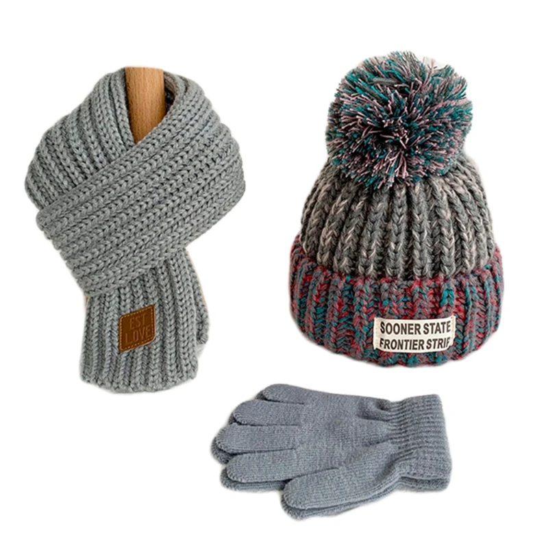 

Children Kids Winter 3Pcs Cable Knit Beanie Hat Circle Scarf Set Cute Pompom Contrast Colo Cap Ski Neck Warmer 4-12 Years Old