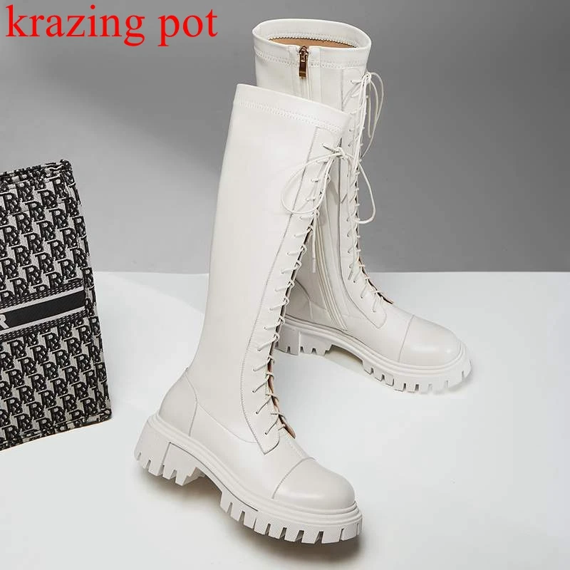 Harga Sepatu Bot Krazing Pot Kulit Sapi Berkendara Ksatria Ujung Bulat Musim Dingin Diikat Silang Tetap Hangat Merek Dasar Med Heels Sepatu Bot Setinggi Lutut Tampan